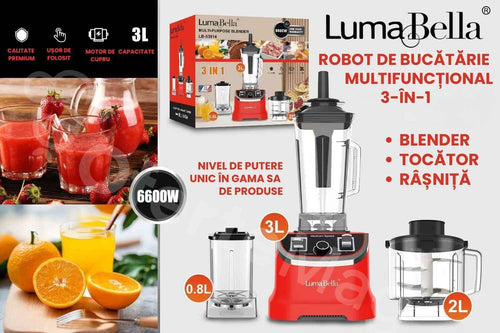 Robot de Bucătărie Multifuncțional 3-în-1 Luma Bella, Blender, Tocător, Aparat de Măcinat, 3 Boluri incluse - 3L, 2L, 0.8L