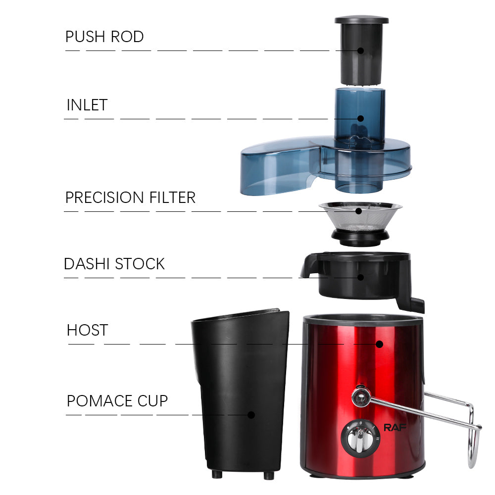 Storcător de fructe și legume centrifugal RAF, 1000W, 2 viteze + Funcție Pulse, 18000 rpm, tub alimentare 65 mm, recipient suc 450 ml, recipient pulpă 2L, filtru inox, piese detasabile