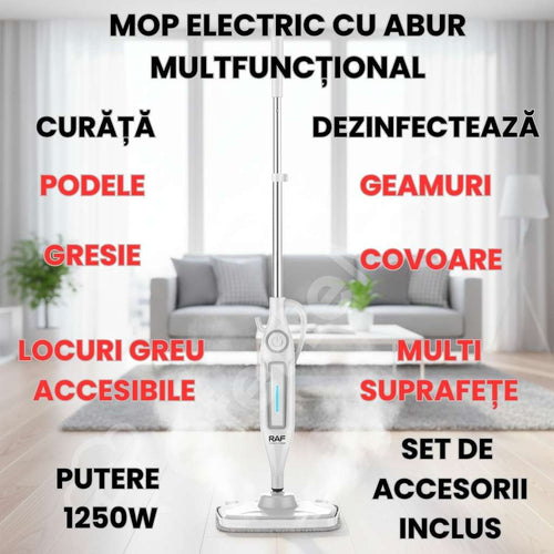 Mop electric cu abur multifuncțional, 1250W, curățare și dezinfectare cu abur sub presiune, rezervor 330 ml, încălzire rapidă, design portabil, accesorii multiple pentru toate suprafețele