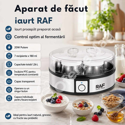 Aparat de făcut iaurt RAF, 7 recipiente de 180 ml, încălzire controlată