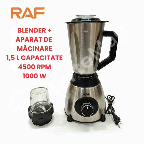 Set 2-în-1 Blender + Aparat de Măcinare/Grinder, RAF, 1000W, Capacitate 1,5L, 4500 RPM, Funcție Pulse, Corp din Inox, 6 Lame