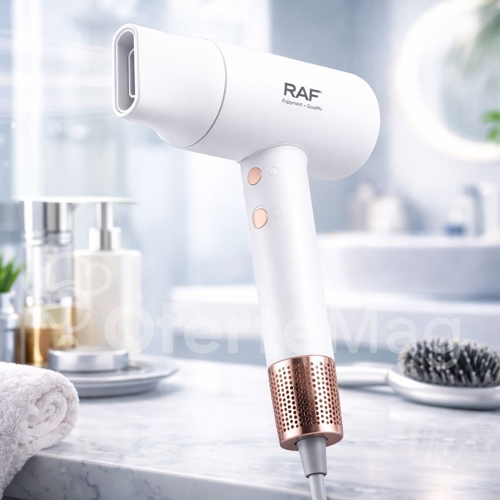 Uscător de păr cu ioni negativi RAF, 1600W, funcție de aer rece, 2 viteze, 3 trepte de temperatură, cap magnetic, protecție la supraîncălzire, design ergonomic