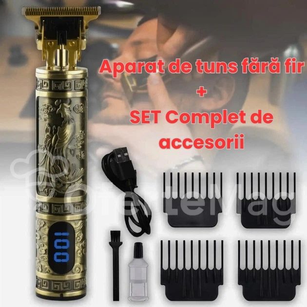 Aparat de ras/Trimmer profesional fără fir, Motor 7200 RPM, Lame din oțel inoxidabil, Afișaj digital, Autonomie mare 1200 mAh, Design premium auriu, Precizie maximă