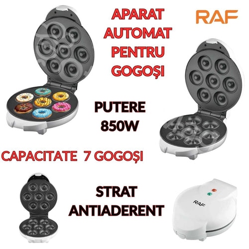 Aparat electric automat pentru gogoși RAF, 850W, coacere uniformă, 7 gogoși per ciclu, plăci antiaderente, indicator luminos, design compact și sigur