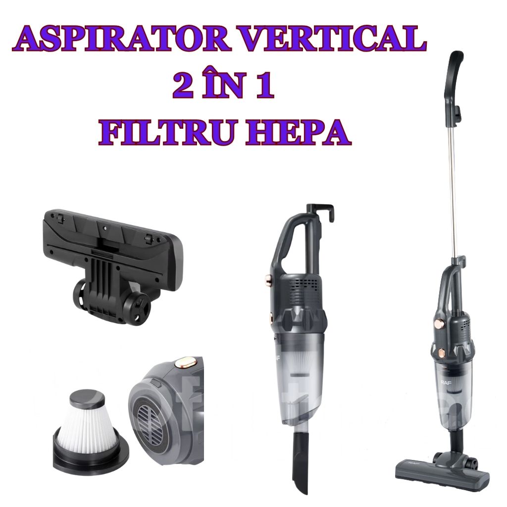 Aspirator 2-în-1 RAF, Putere 600W, Filtru Ciclonic Lavabil, Recipient 0,8L, Sistem de golire One-Click, Accesoriu Anti-Acarieni, Design Portabil, Greutate 1,8 kg