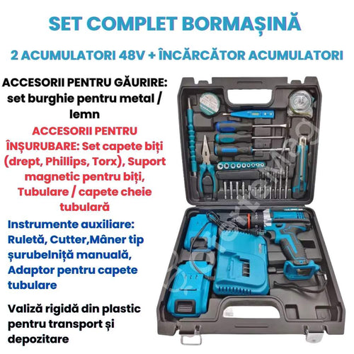 SET COMPLET Trusă Bormașină Autofiletantă 48V – 2 Acumulatori 5Ah, 30+ Accesorii, Mandrină 10–13 mm, 2 Trepte Viteză, 1500 RPM, Stație Încărcare Inclusă